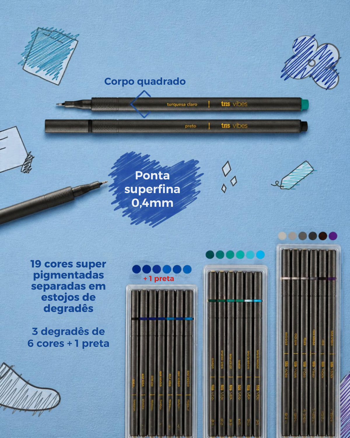 Caneta Superfina - Tris - Vibes - Study Inverno - Kit com 19 Cores