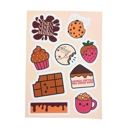 Cartela de Adesivos - Papelaria Unicórnio - Chocolate A5