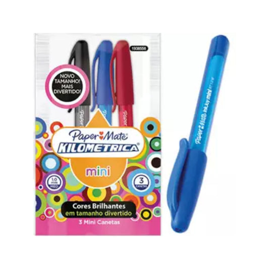 Caneta Esferográfica - PaperMate - Kilometrica Mini c/ Tampa - 1.0mm - Kit c/ 3 unidades