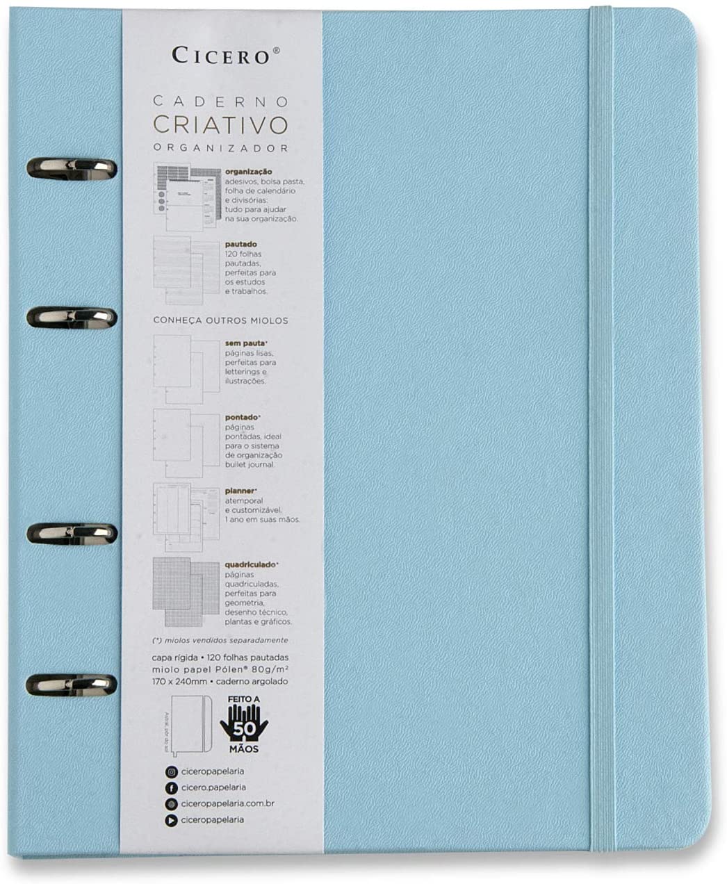 Caderno Criativo Argolado 17x24 Pautado - Cícero - Azul Pastel