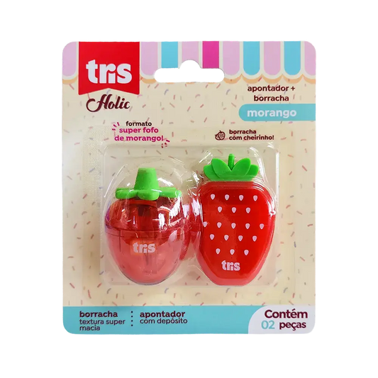 Kit Apontador com Depósito + Borracha - Tris - Holic Docinhos Morango - frente