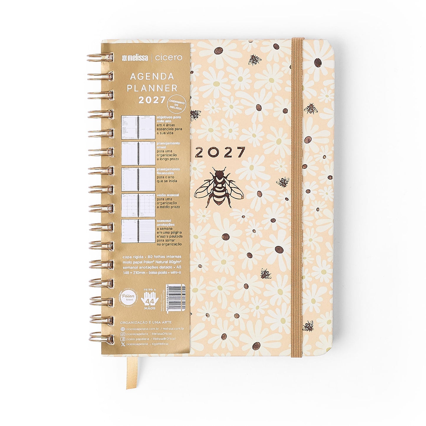 Agenda Planner Wire-o 2027 - Cícero - Melissa Mini Bloomy Manteiga - Semanal Anotações A5