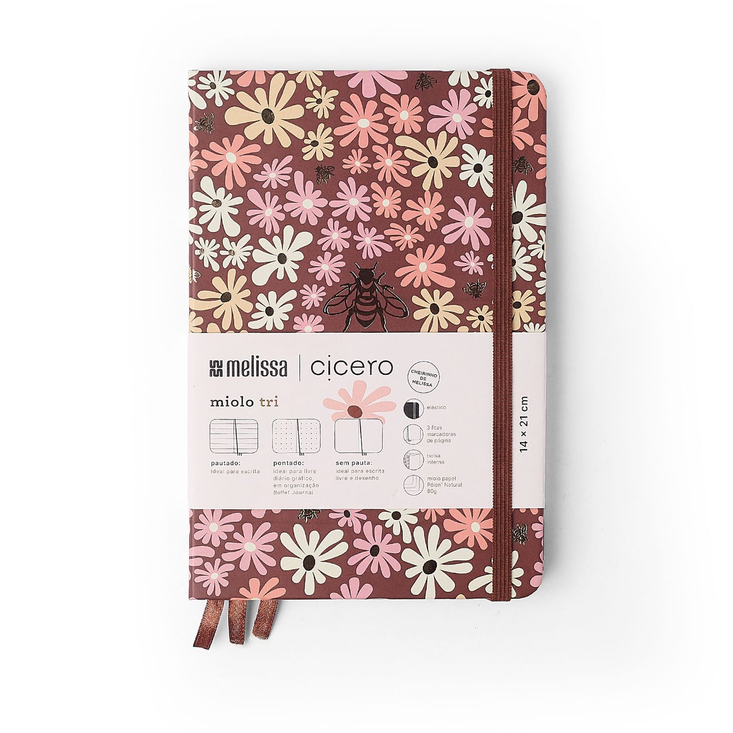 Caderneta - Cícero - Melissa Mini Bloomy Chocolate - Miolo Tri 14x21
