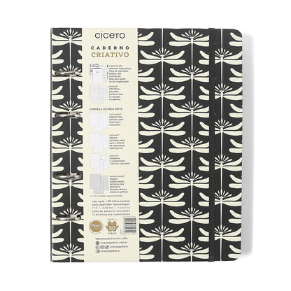 Caderno Criativo Argolado - Cícero - Libélulas Pautado 17x24 Preto