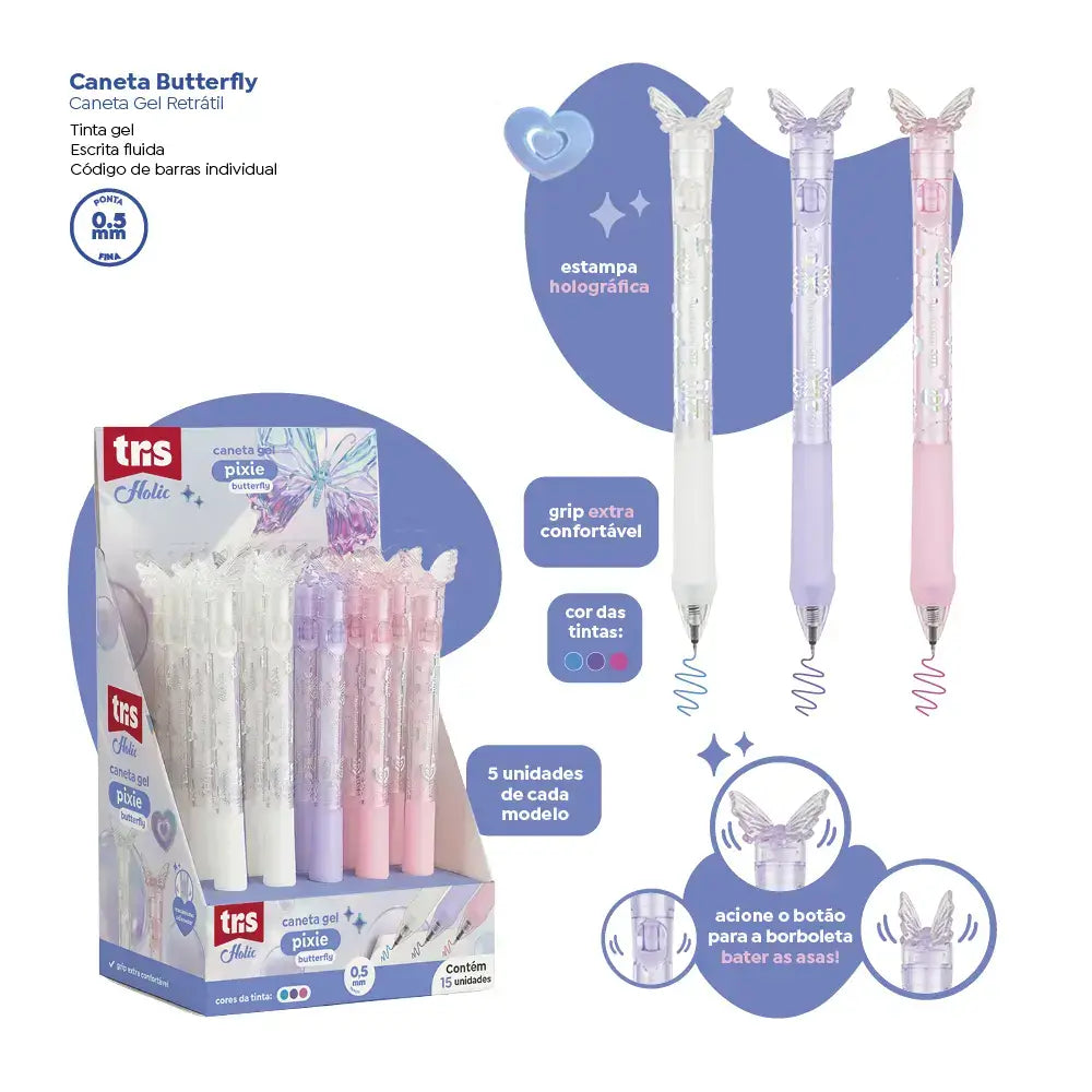 Caneta Gel Retrátil Butterfly Holic Pixie - 0.5mm - Tris