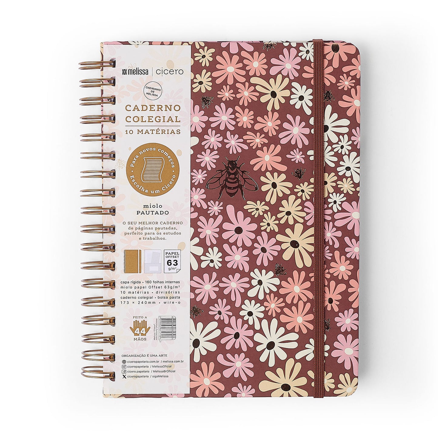 Caderno Espiral - Cícero - Melissa Mini Bloomy Chocolate - Pautado 17x24 10 Matérias 160 Fls