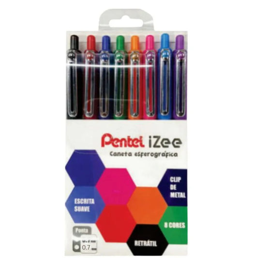 Caneta Esferográfica - Pentel - Izee - 0,7mm - Estojo c/ 8 Cores