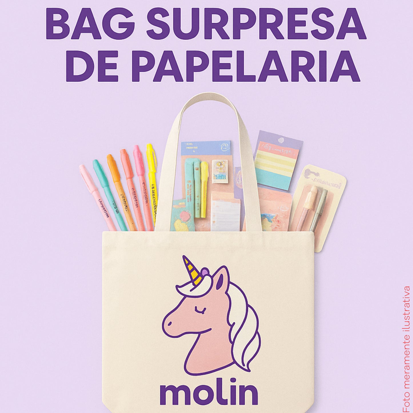 Bag Surpresa de Papelaria - Papelaria Unicórnio + Ecobag Molin