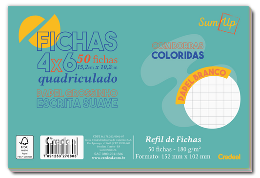 Fichas - Credeal - Branco Quadriculado com Bordas Coloridas 50 Fl 4x6