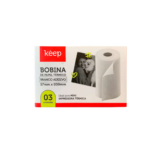Papel Térmico Branco Adesivo - Keep - 3 Rolos P/ Mini Impressora 57x30mm - frente