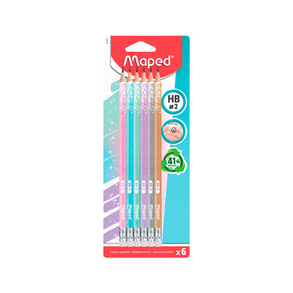 Lápis Preto HB c/ Borracha  - Maped - Glitter Deco Woodfree Blister c/ 6 Unidades