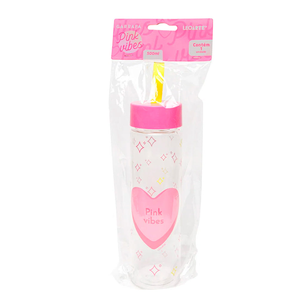 Garrafa Plástica Transparente - LeoArte - Pink Vibes 500ml