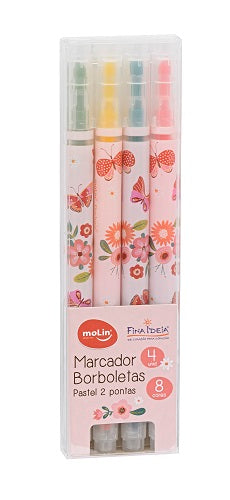 Marca Texto - Molin - Borboletas - 8 Cores Pastel 2 Pontas