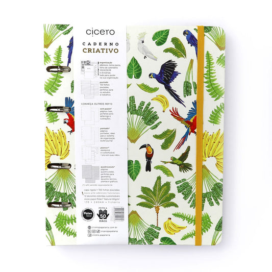 Caderno Criativo Argolado Pássaros Pautado 17x24 Floresta Tropical Branco