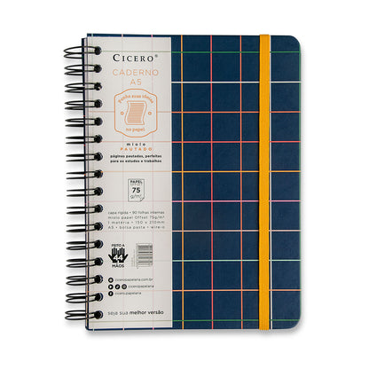 Caderno A5 Wire-o - Cícero - Pautado Quadriculado Azul