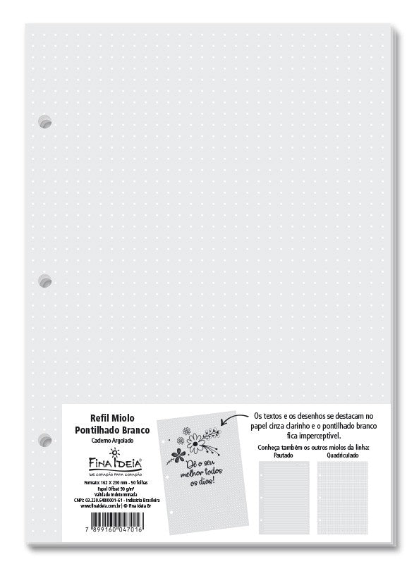 Refil Caderno Argolado - Fina Ideia - Miolo Pontilhado Branco - 50 folhas