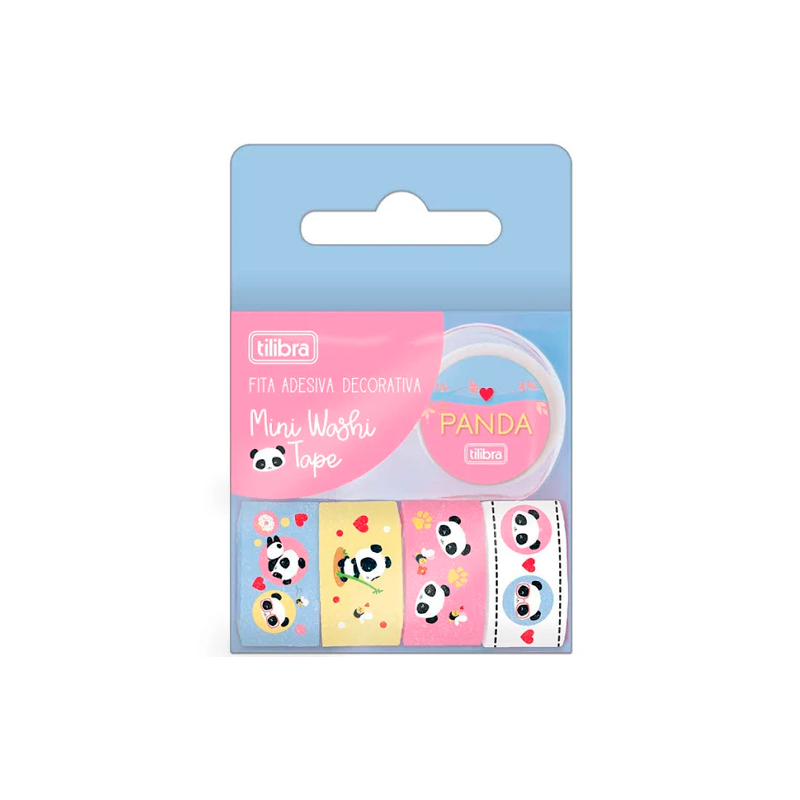 Mini Washi Tape - Tilibra - Panda 5 Rolos 12mmx3m c/ Dispenser