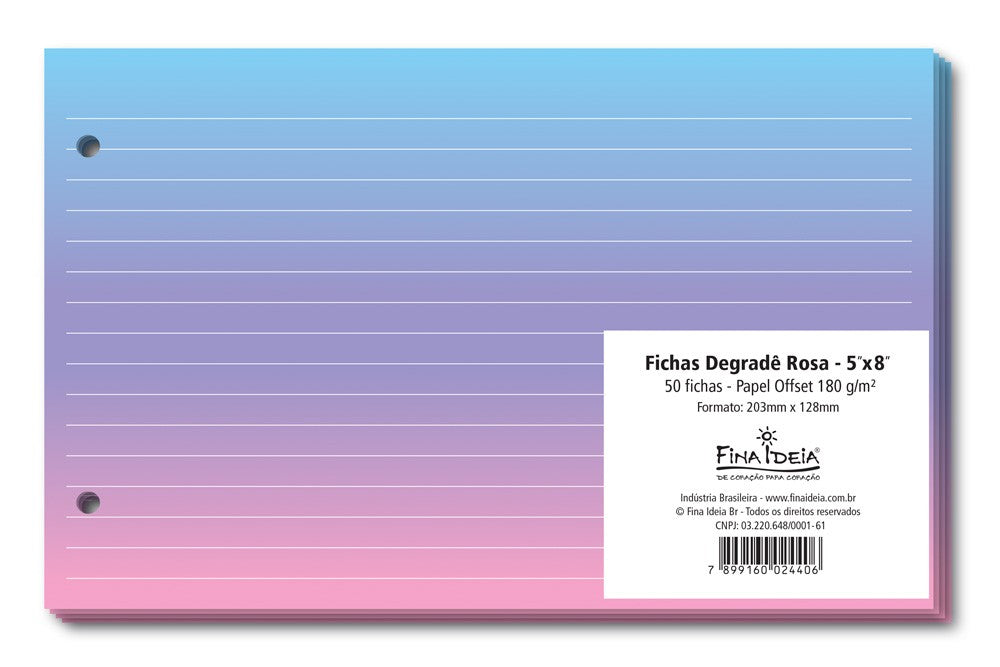 Fichas - Fina Ideia - Degradê Rosa - Pautas Brancas - 50 fichas - 20,4 x 12,8 cm