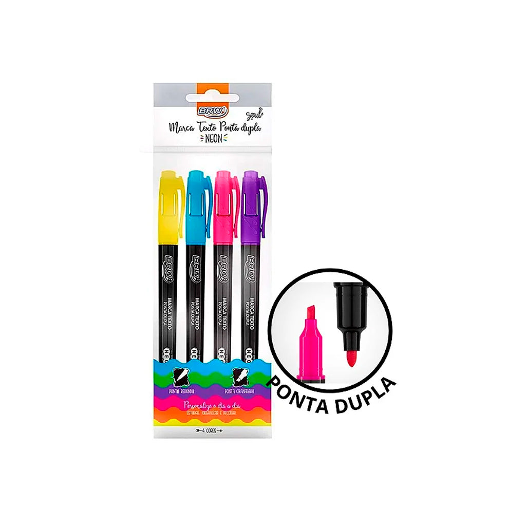 Marca Texto Ponta Dupla - BRW -  Neon 4 Cores