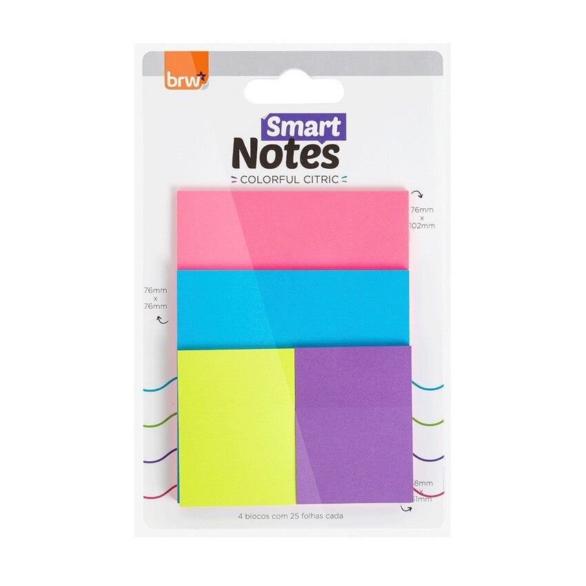 Bloco Adesivo - BRW - Smart Notes Colorido Cítrico Blister 4 Cores 25 Folhas por Bloco